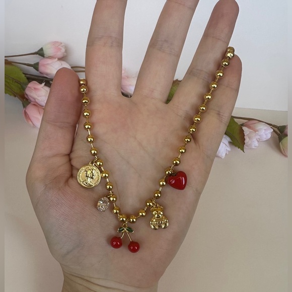 Golden Memories Beaded Cherry Teddy Bear Necklace - Picture 4 of 9